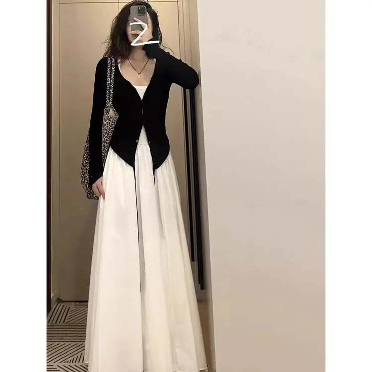 2025早秋季新款时尚飘带黑色开衫搭配吊带背心连衣裙显瘦两件套女