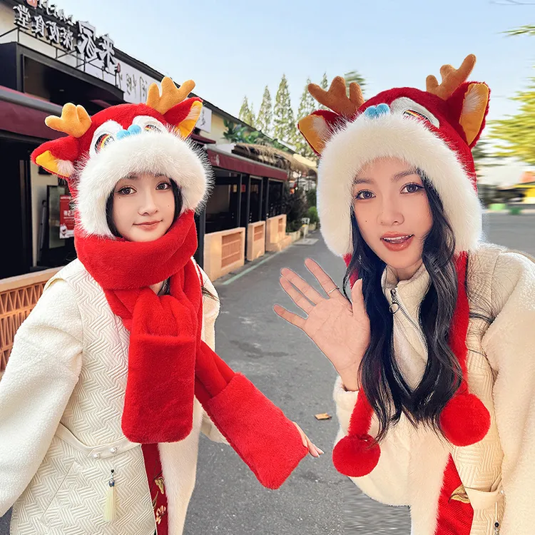 国潮风醒狮龙新年新款红色冬天女可爱学生少女毛绒保暖护耳雷锋帽