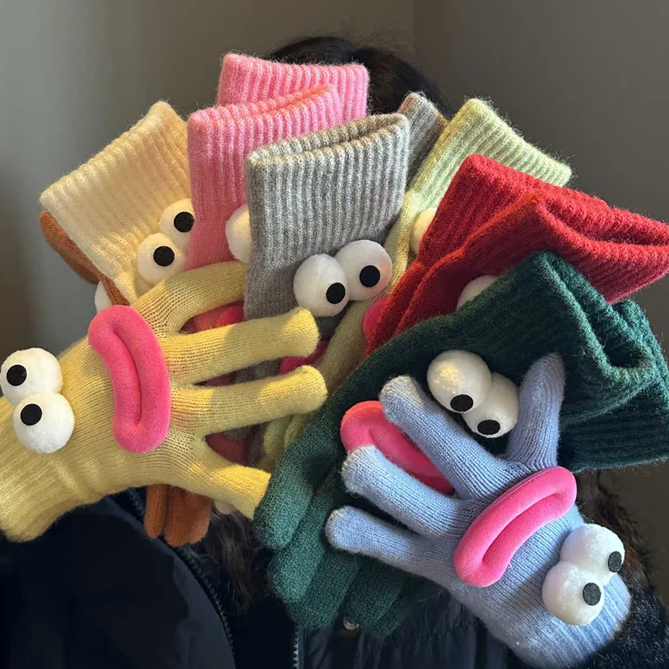 韩版搞怪针织手套女冬季保暖可爱卡通学生露指可触屏分指毛线手套