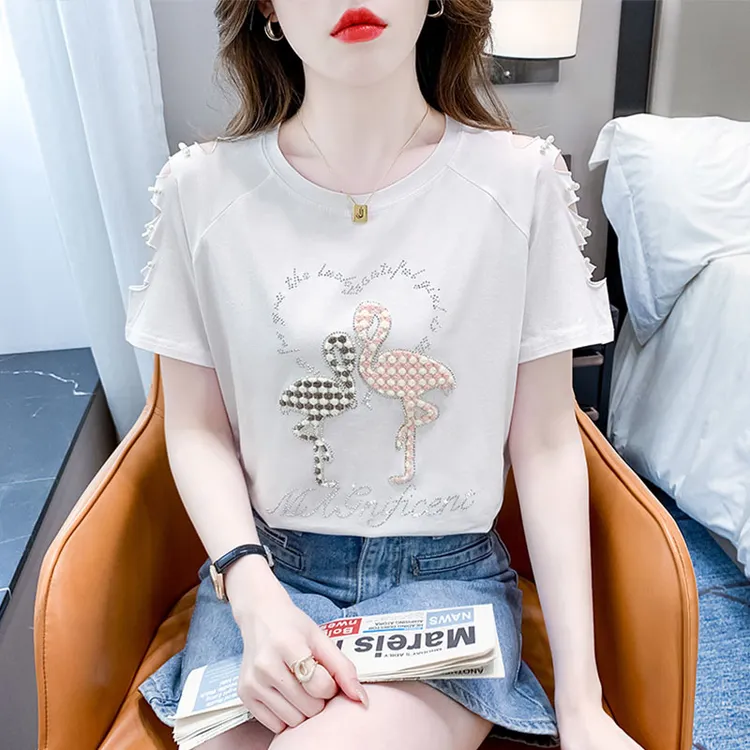白色半袖T恤女2024夏季新款镂空设计时尚简约印花别致短袖上衣女