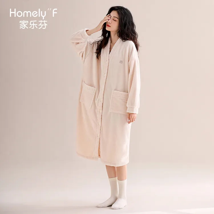家乐芬睡袍女士睡衣浴袍秋冬款冬季长款法兰绒加厚加绒珊瑚绒冬天