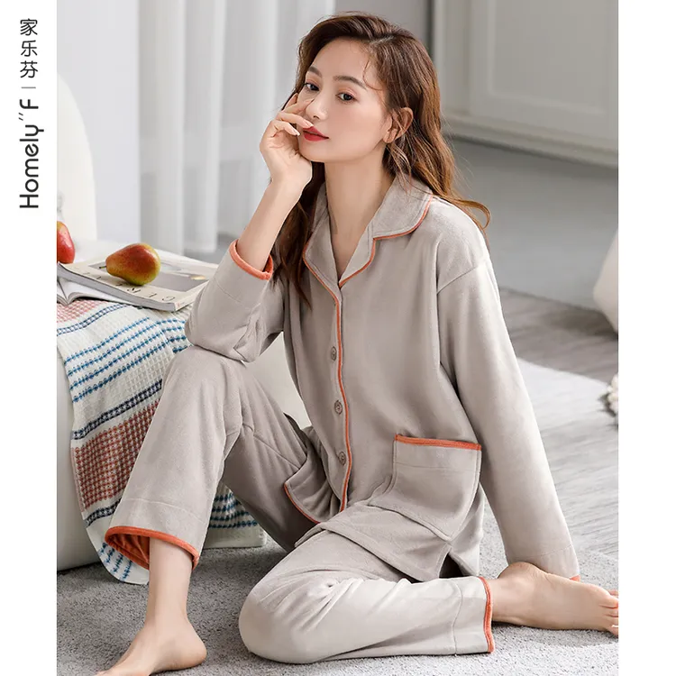 家乐芬海岛绒家居服珊瑚绒睡衣长袖长裤法兰绒女款爆款睡衣秋冬款