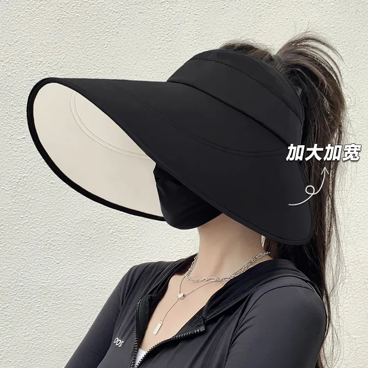 2024新款防晒帽女夏防紫外线遮阳帽户外加大帽檐空顶高马尾太阳帽