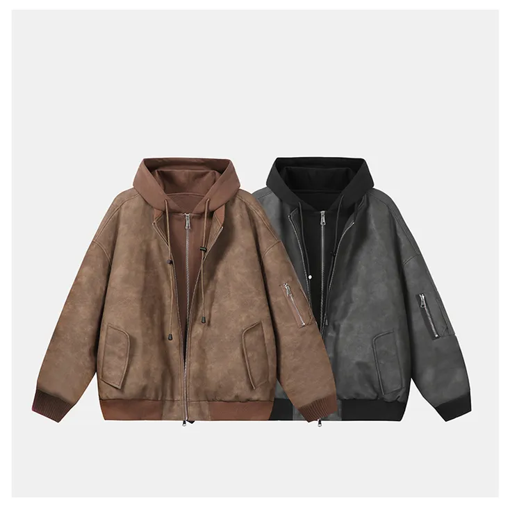 【假两件棉服】美式复古pu皮夹克男款冬季潮牌连帽运动机车服外套