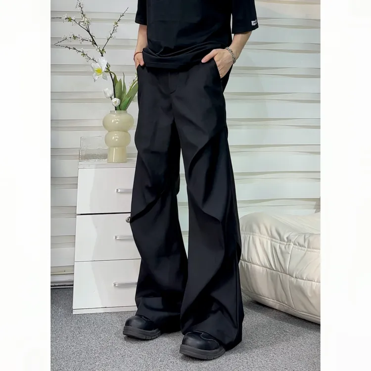 小众设计感褶皱休闲黑色西裤男微喇阔腿拖地cleanfit长裤