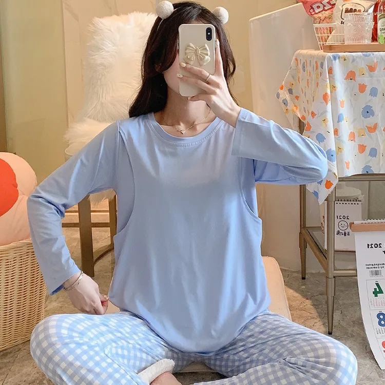 月子服圆领夏季薄款孕妇睡衣产后喂奶哺乳衣家居服套装6-9月份
