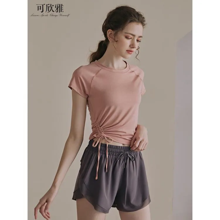 瑜伽服夏薄款T恤跑步专业夏天抽绳短袖女健身运动上衣健身服显瘦