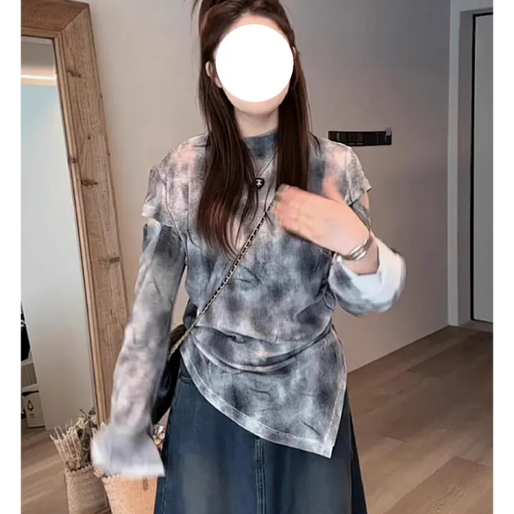 大码女装早秋新款2024法式长袖圆领露肩扎染T恤时尚百搭胖mm上衣