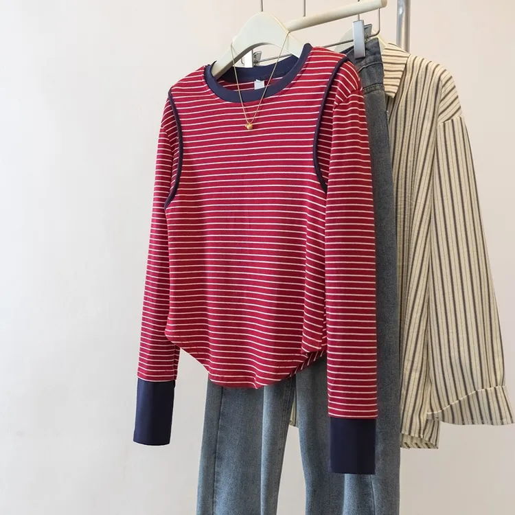 大码女装韩版条纹圆领内搭打底衫T恤秋季不规则显瘦减龄长袖上衣