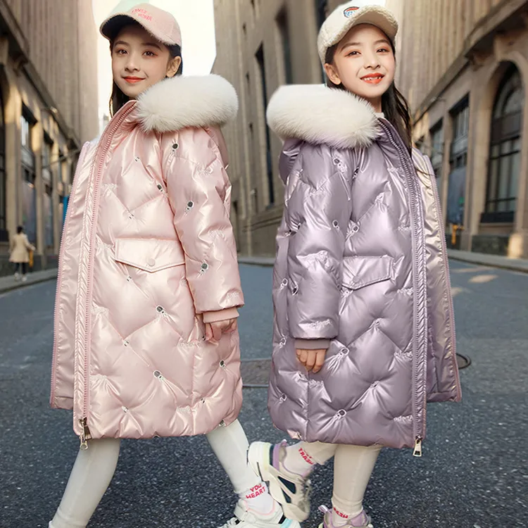 儿童羽绒服2025新款女童中长款亮面免洗中大童洋气冬季加厚外套潮