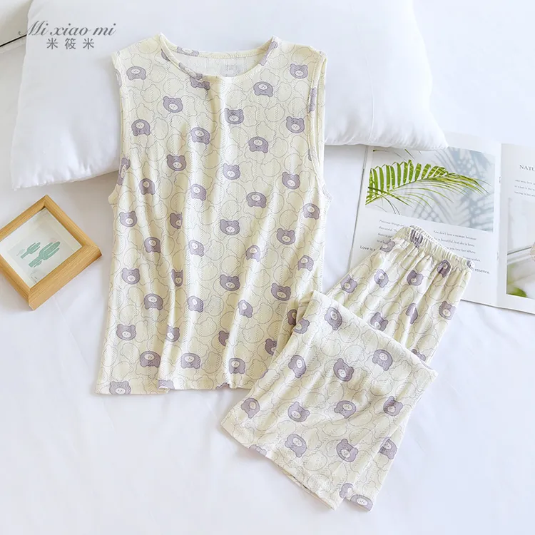 米筱米儿童夏薄针织提花无袖7分裤睡衣套男童针织网眼透气家居服
