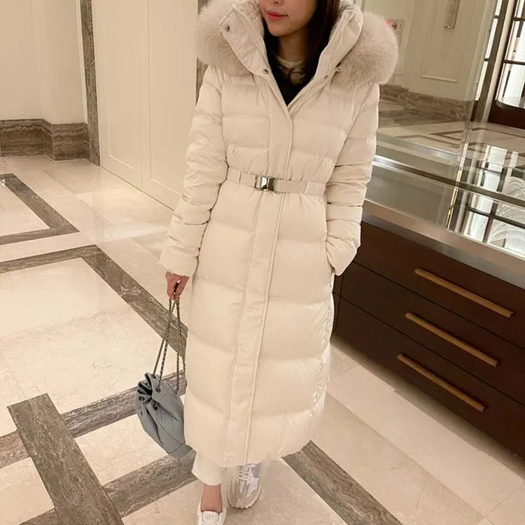大毛领连帽羽绒服女宽松韩版白鸭绒设计加厚保暖长款外套女