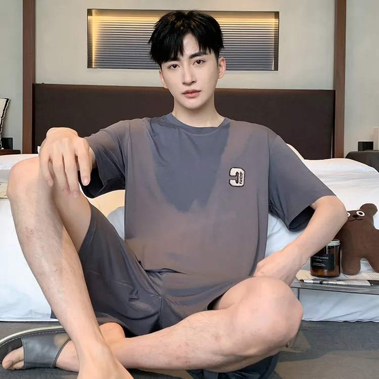 男士睡衣夏季短袖短裤凉感冰丝薄款青少年休闲简约夏天家居服套装