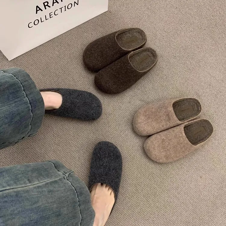 复古圆头毛毡包头半拖鞋女秋冬外穿棉鞋懒人一脚蹬厚底加绒勃肯鞋