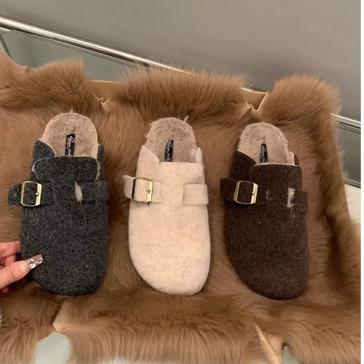 呢子灰色单鞋厚底勃肯拖鞋女2025秋季新款高级感复古一脚蹬穆勒鞋