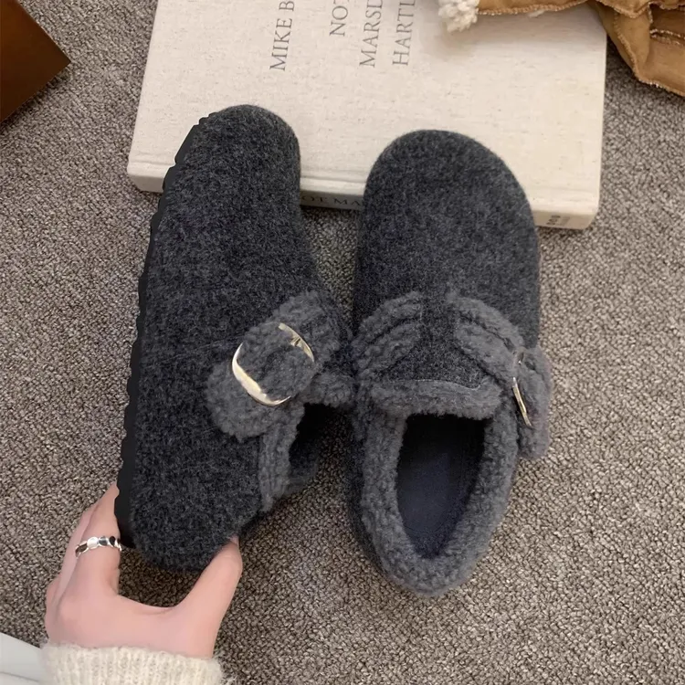 内增高~灰色毛毛鞋女冬外穿新款勃肯鞋女厚底加绒棉鞋呢子单鞋