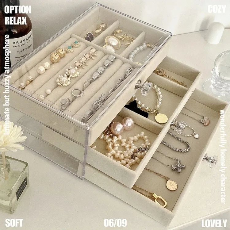 夷贝新款三层抽屉式植绒首饰盒戒指耳钉项链手表收纳盒饰品收纳盒商品图