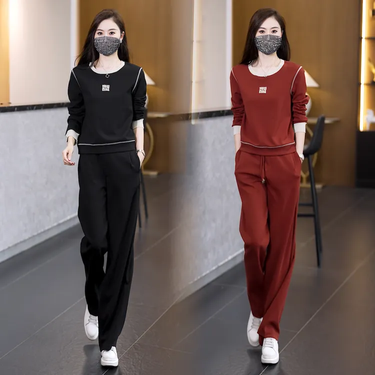 秋季新款简约休闲洋气减龄时尚套装撞色圆领长袖卫衣直筒裤两件套