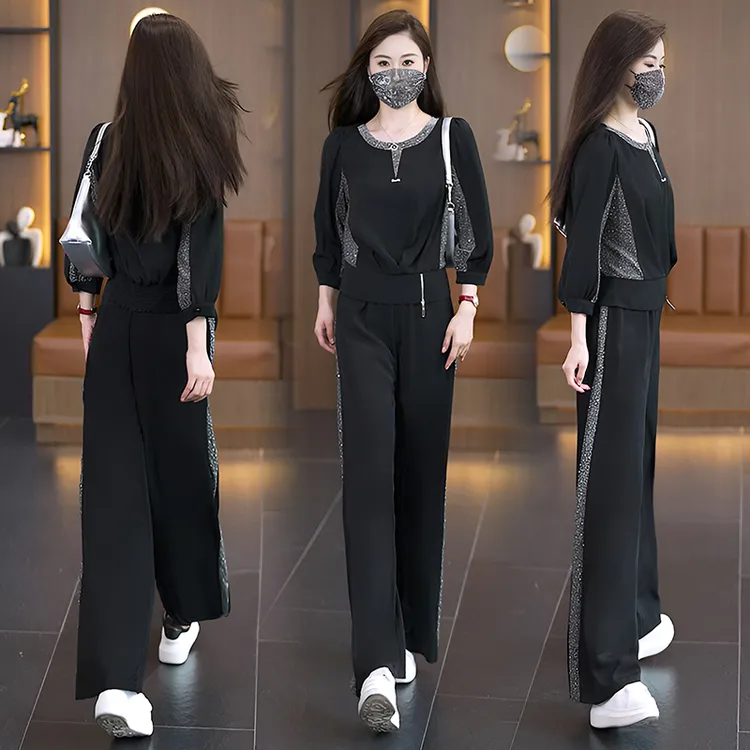 2024年秋季新款高端洋气显瘦气质两件套宽松休闲烫钻拼接套装