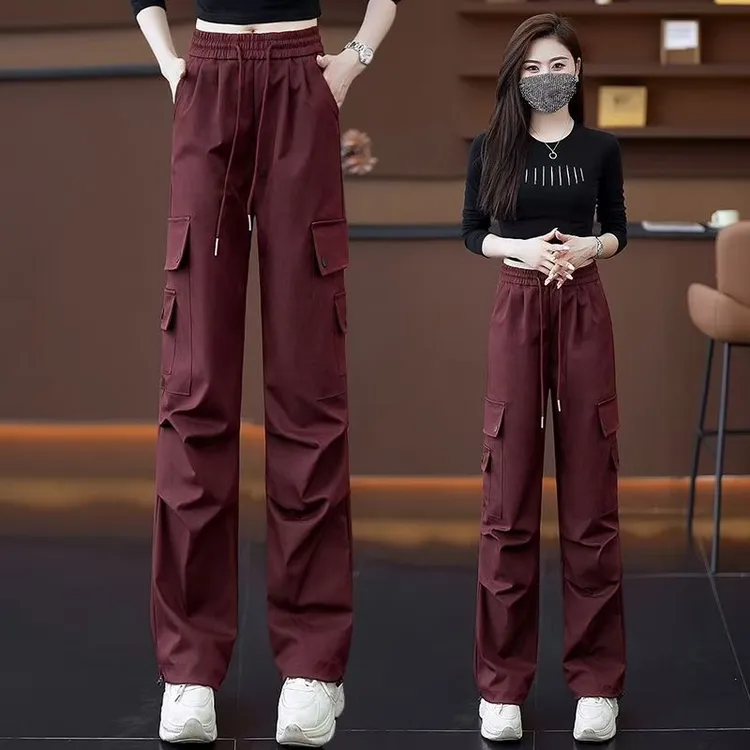 安可拉红工装裤阔腿裤女2024春秋新款多口袋运动裤爆款直筒休闲裤