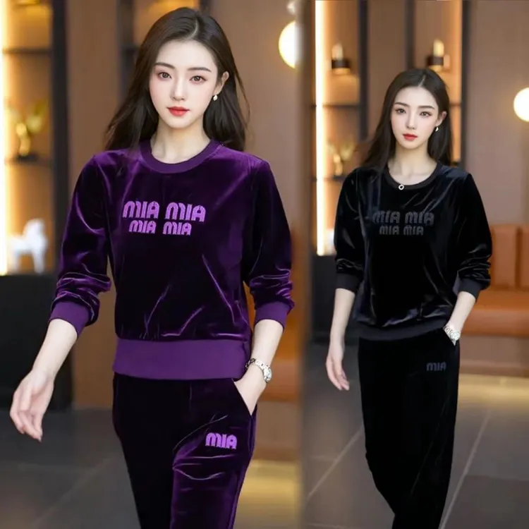 【清仓捡漏】金丝绒运动服套装女春秋新款圆领刺绣时尚休闲两件套女
