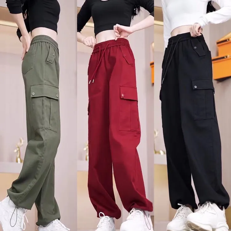 春秋新款高腰工装裤女休闲宽松显瘦抽绳直筒美式高街阔腿运动裤女