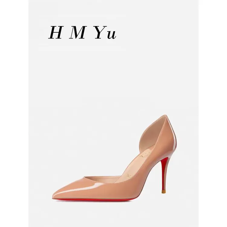 2024职业裸色尖头细跟漆皮高跟鞋侧空性感洋气百搭女士高跟气质女