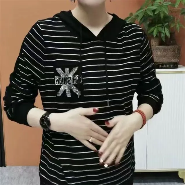 大码200斤春秋季新款长袖烫钻T恤女中年妈妈连帽衣服时尚洋气女装