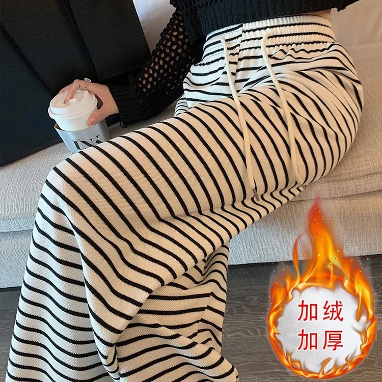 女冬季加绒加厚高腰宽松垂感休闲卫裤直筒裤