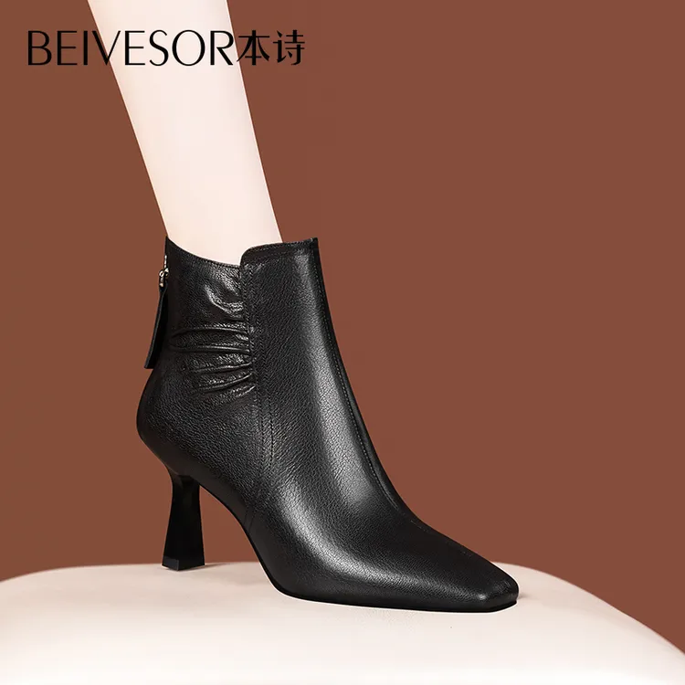 秋冬新款羊皮高跟短靴女2025短筒方头细跟马丁靴法式气质加绒女靴