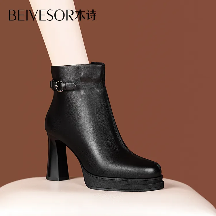 小个子粗跟高跟短靴女2025秋冬新款加绒真皮高跟靴厚底防水台皮靴