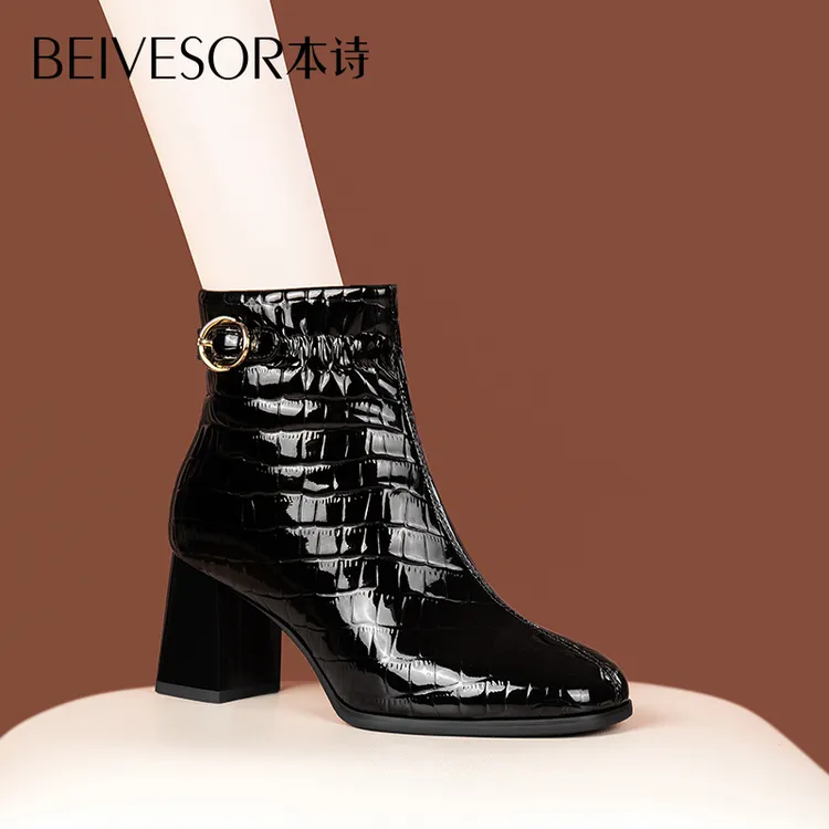 2025秋冬新款圆头粗跟短靴女漆皮方头加绒高跟皮靴气质时尚单靴子