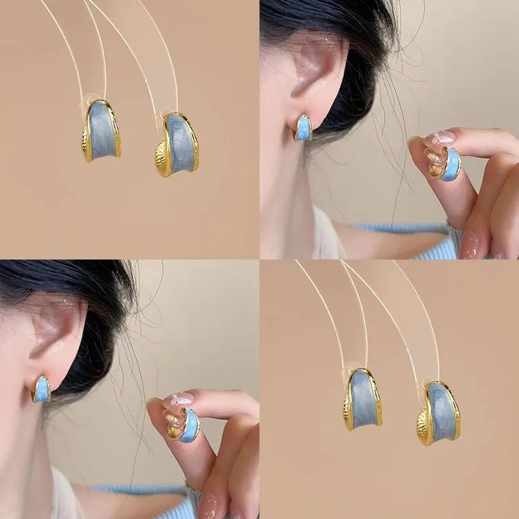 蓝色C形耳环2024新款高级感气质百搭时尚法式复古无痛蚊香盘耳夹
