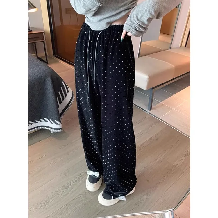 黑色重工烫钻丝绒直筒阔腿裤小众设计复古宽松时尚休闲拖地长裤