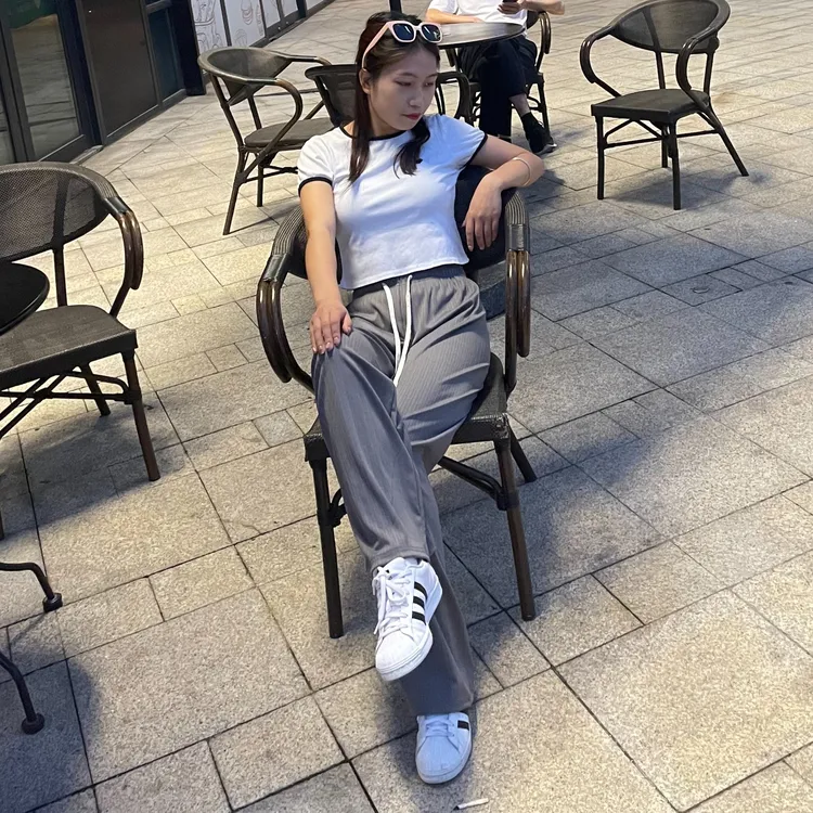 坑条冰丝凉感阔腿裤运动休闲速干垂感十足高腰直筒夏季宽松长裤