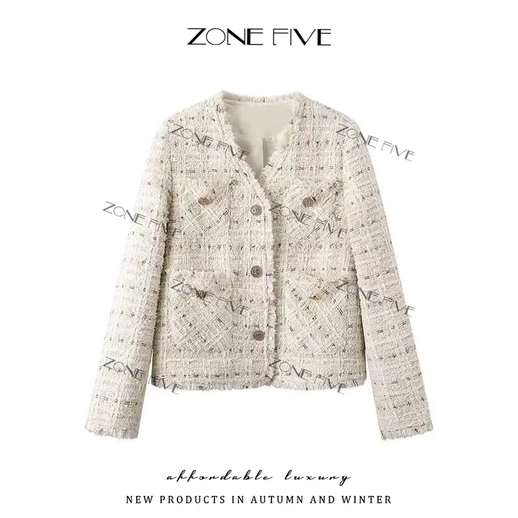 【zonefive】早秋新款法式V领花纱编织小香风外套