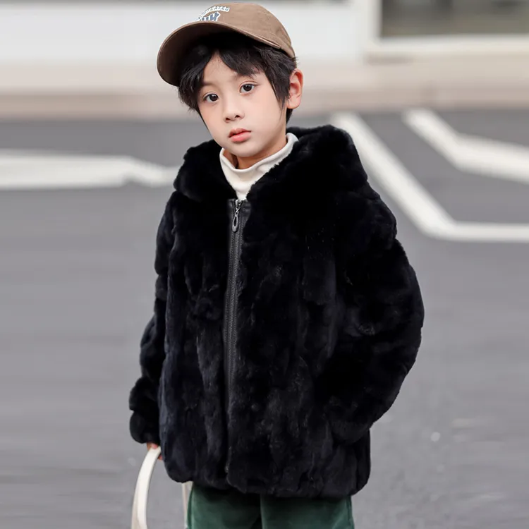 儿童真獭兔毛男童宝宝大衣外套上衣中长款拉链亲子款毛毛外套黑色