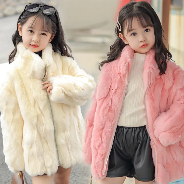 儿童真獭兔毛毛外套男女童加绒加厚宝宝大童装亲子款冬季皮草大衣