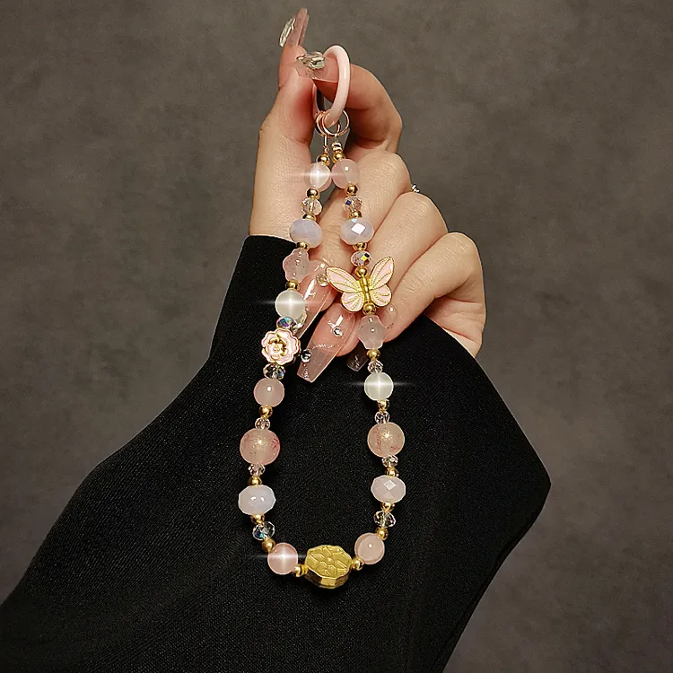 奢华手工串珠蝴蝶手提链短款挂链手腕挂件时尚手机挂绳防丢挂饰