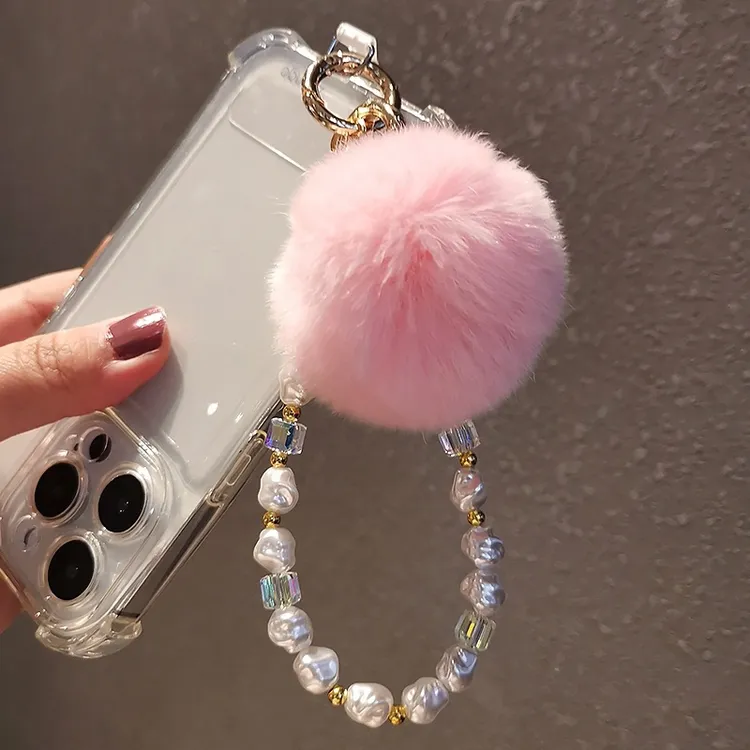 巴洛克串珠手机链时尚小香风毛球吊坠挂饰手机挂绳手腕手提链挂件