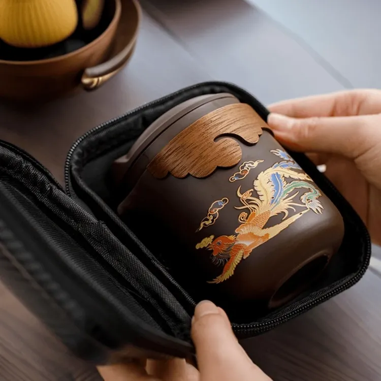 允铮高颜值紫砂旅行茶具套装便携式变色龙凤呈祥露营随身快客杯商品图