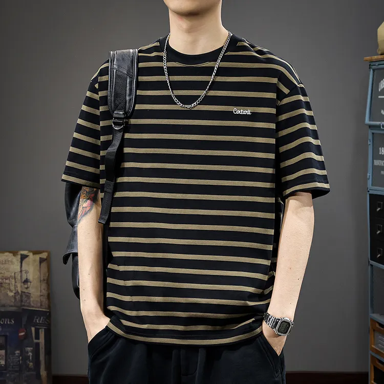 美式潮牌条纹短袖t恤男2025新款夏季宽松半袖体恤纯棉刺绣海魂衫