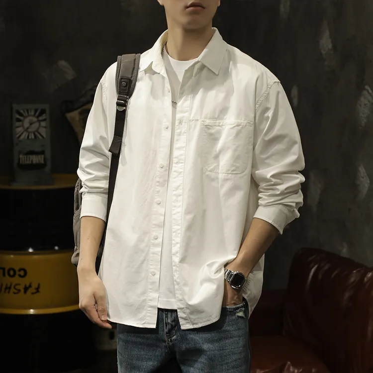 秋季新款日系少年感白色衬衣男士潮牌百搭纯棉长袖衬衫外套上衣潮