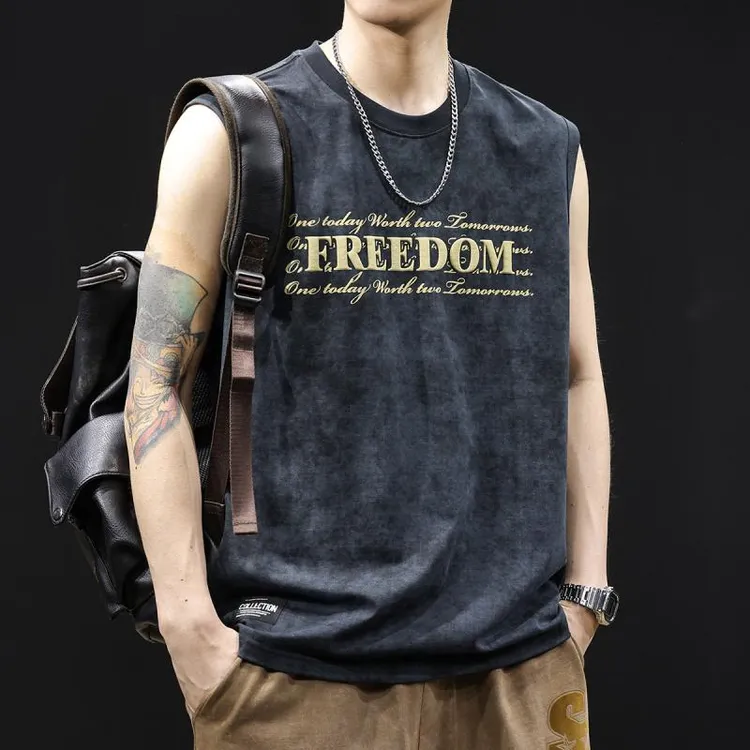 夏季潮牌云染印花汗背心坎肩男运动健身篮球宽松大码休闲无袖t恤