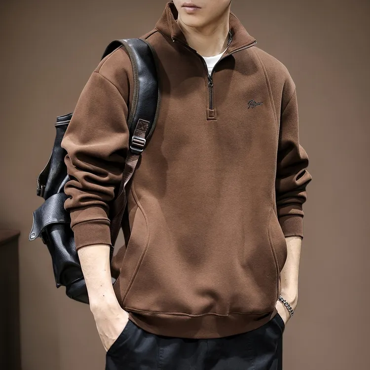 拉链半高领卫衣男士2025新款秋季宽松大码潮牌插口袋衣服加绒冬款