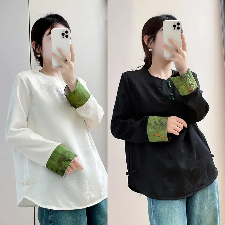 新中式春装大码女装中式国风显瘦衬衫宽松上衣百搭拼接长袖时尚女