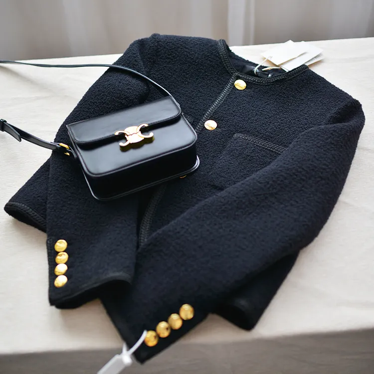 蔓栀黑色小香风外套女黑金名媛小个子短款粗花呢上衣冬高级羊毛厚