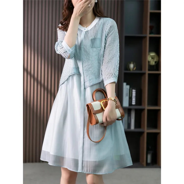 原形2025夏季竖条纹拼接设计感小众衬衫宽松女装连衣裙85725