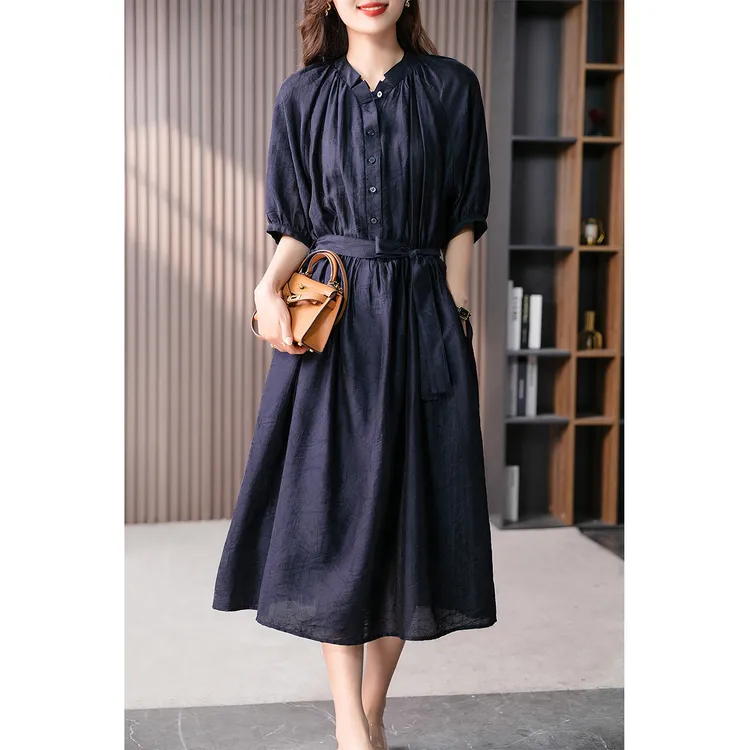 原形灯笼袖提花连衣裙女2026春夏收腰显瘦长款茶歇裙U89065