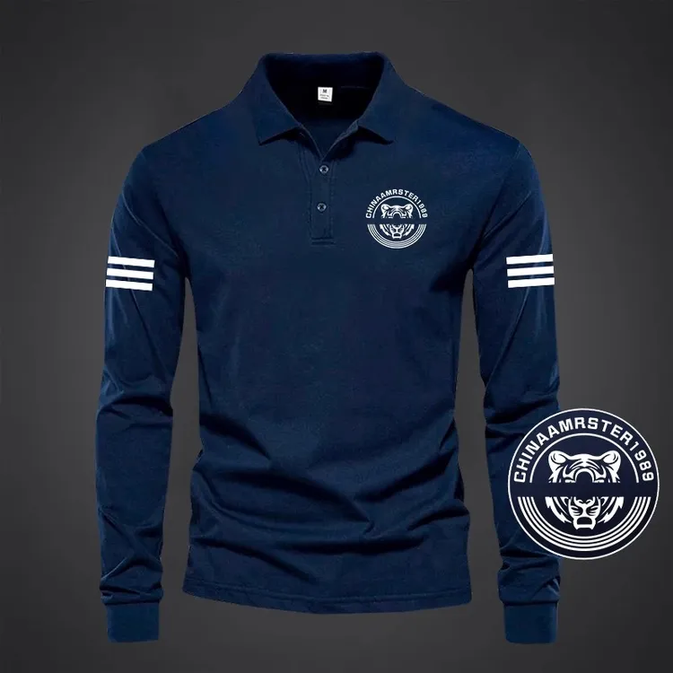 巴赛娜缇纯棉翻领长袖男新款高级印花商务休闲百搭POLO衫打底T恤
